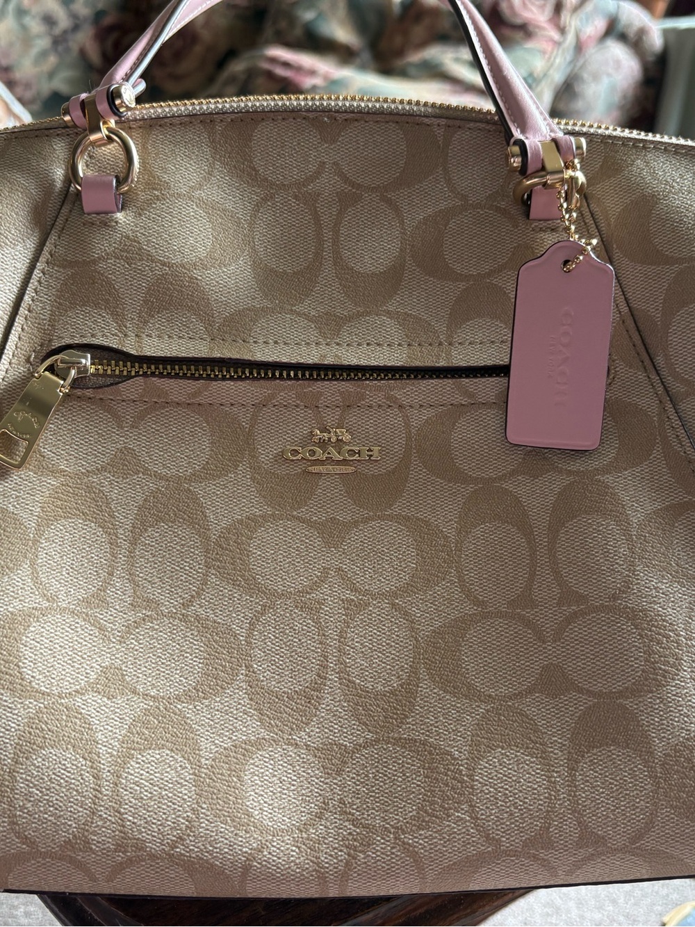 Coach Beige Signature Tote with Pink Leather Trim - Picture 2 of 3